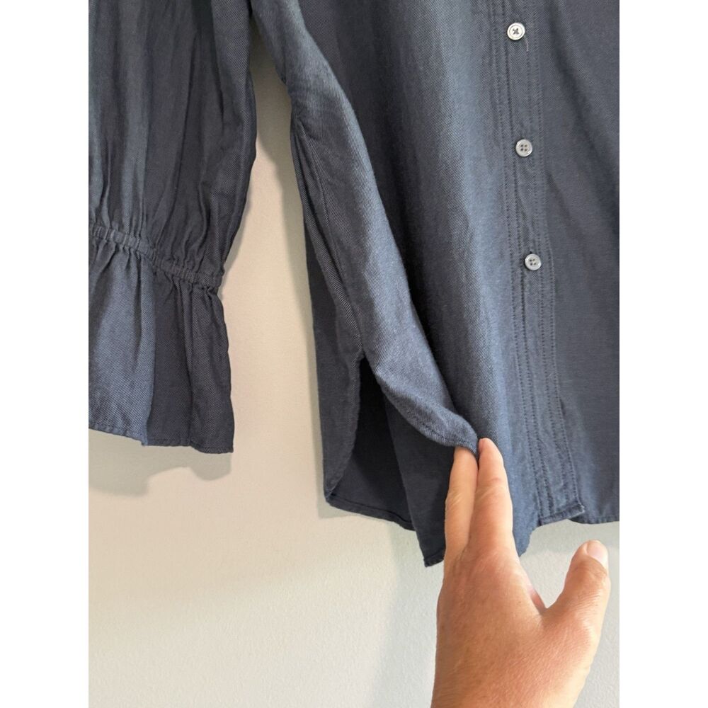 Loft Cotton Navy Top Long Sleeve Flutter Ruched Ruffle Flared Nautical Button M - Picture 4 of 15